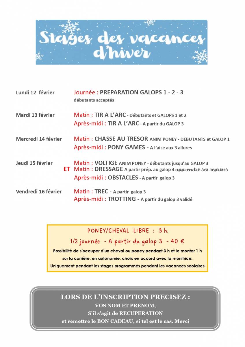 Stage Vacance d'Hiver 2024 a